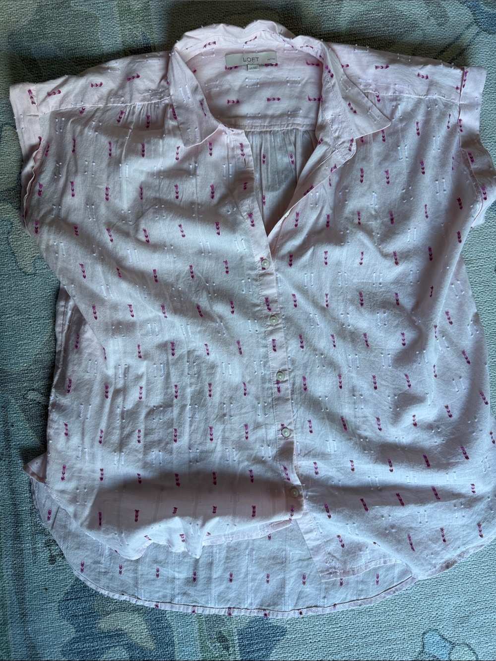 LOFT Pink Short-Sleeve Button-Up Blouse with Pink Dot Motif